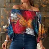 Dames blouses dames zomer top gestreepte afdrukken uit schouderblad patroon lantaarn mouw batwing pullover blouse vrouwelijke kleding