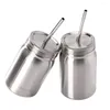 Mugs 2Pcs Stainless Steel Mason Cup With Straw Lid Double Layer Drinking Mug Glass Metal Pudding Jar Suitable For Home Office Travel