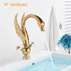 Robinet de bassin de salle de bain Senlesen Golden Swan Robinet Hot and Cold Water Mixer avec poignée à double cristal en cuivre Robinet de cygne noir