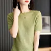 Womens Woolen tröja sommaren kortärmad t -shirt mode ihålig rund nacke pullover sexiga smala ärmar 240409