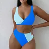 Kvinnors badkläder 2024 Färgkontrast Swimsuit Summer Conservative High midja 2-stycken Bikini V-Neck Suspender Backless Beachwear Y143