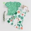 Toddler Infant Baby Girls St Patrick s Day Outfits Letter Clover Print Short Sleeve T-Shirts and Flare Pants Set