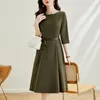 Casual Dresses Coigarssam Women's Summer Dress 2024 Office Lady Korea Style Three Quarter Sleeve Belt Solid O-Neck Army Green