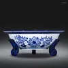 Estatuetas decorativas jingdezhen cerâmica criativa azul e branco de porcelana de tripé placa de frutas cesta de cesta de alimentos domésticos clássicos chineses