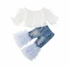 Little Girl Summer Clothing Set Toddler Baby Kids Girls Clothes Mesh Lace Tops Shirt Ruffle Hole Denim Pants 2Pcs Outfits 16T h8104926