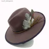 Breda breim hattar hink hattar 2023 vintage fedora hatt fjäder herr och kvinnor jazzhatt bindande färg ullbredd brim mode panama kyrkhatt grossist y240409