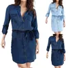 Casual Dresses Women's Elegant Dress Spring Autumn Solid Color V Neck Vintage Lapel långärmad knapp midja slips denim