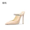 2023 Summer Women Sandals High Heel Slippers Crystal Decoration Point Toe Back Strap Elastic Band Eleganta Fashion Shoes Ladies 240327