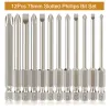 12st S2 Steel Slitted Phillips Skruvmejsel Bit Set 75mm Längd 1/4 "Hex Shank Impact Driver Bit With Magnetic For Power Drill