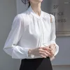 Women's Blouses Qoerlin Frans elegant met streamer stropdas witblauwe shirts 2024 Spring herfst herfst pendelen voor lange mouwen toppen blouse