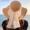 Szerokie brzegi czapki wiadra czapki w stylu Koreańska kobieta słoma guza bokowa wstążka duża brzeg słońca ins Ins Celebrity Fashion Beach Holiday Glacier Hat Y240409