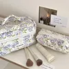 Sac de maquillage en coton floral bleu monteuré coréen Sac de cosmétique à fermeture éclair de trois tailles pour femmes Box Shape Rangement sac à main 240327