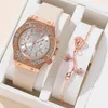 Armbanduhren 2pcs Set Frauen sehen Luxusmodet Elegante Legierungsgelenksuhr für Damen Geschenk Quarz Roségold Armband No Box