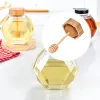 200/380 ml de cuisine de cuisine bocal miel rangement peut être en verre hexagonal bouteille de miel avec contenant de bouteille de miel à tige de remontée en bois