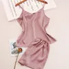 Ubranie domowe Summer Seksowna stała kolorowa imitacja jedwabna sukienka w stylu dekolt szorty 2-częściowe zestawy kobiet piżamy