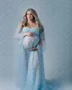 Party Dresses Elegant Blue Pearls Tulle Maternity For Po Shoot Long Sleeves See Thru Bridal Pregnancy Dressing Gowns Custom Made