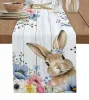 Easter Bunny Eggs Rabbit Spring Flowers Blue Streak Linen Table Runner Farmhouse Holiday Kitchen Dining Party Wedding Home Decor