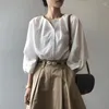 Women's Blouses White Shirts Women 2024 Spring Lantern Sleeve Korean Simple Loose Round Neck Urban Style Female Khaki Pleated Layer Tops