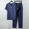 Großgröße Herrenkleidung Vintage Tracksuit Ehemann Sommer weiß Home Anzug Leinen Temperatur Mode Male Set plus M9XL 240409