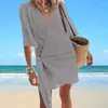 Lässige Kleider Bikini Cover-up Mini-Kleid elegante Schnüre-up gegen Hals für Frauen A-Line Solid Color Beach mit Halbsommer