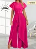 Summer Elegant Womens Vneck Irregular Jumpsuit Solid Color Short Sleeved Long Style Banquet 240409