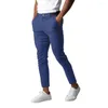 Мужские брюки с твердым цветом элегантный тонкий бизнес с упругими карманами кнопки на талии мягкие дышащие для работы
