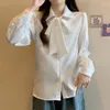 Women's Blouses Spring Autumn Solid Color Fashion Long Sleeve Shirt Women POLO Collar Lacing Bow Patchwork Button Cardigan Elegant All-match