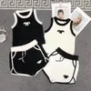 New design women's o-neck sleeveless knitted logo embroidery tank and elastic waist shorts twinset sports casual 2 pc suit