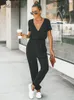 Fröken Petal Vneck Short Sleeve Jumpsuit för Woman Casual Long Jogger Pants PlaySuit Summer Overalls Bodysuits Rompers 240409