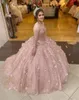 2021 Blush Pink Sparkly Sequined Ball Gown Quinceanera Dresses Bridal Gowns Illusion Lace up corset Long Sleeves Sweet 16 Dress Wi5536005