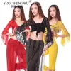 Scene Wear Belly Dance Top Women Lace-up Flare Sleeve Performance Sexig Front Cross Crop Deep V Neck spets