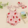 Kleidungssets Baby Girl Summer Overall Erdbeer -Print Verband ärmellose Strampler Stirnband Set süße Waffelkörper -Kleidung Outfits