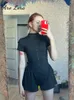 Sexy bodycon rits bodysuit vrouwen op een korte mouw playsuit zomer elegante casual slanke jumpsuit rompers sport gym kleding 240409