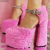 Sandals Fashion Corduroy Material Women Thick High Heeled Bling Crystal Buckle Ankle Strap Platform Girls Party Sandal Pumps