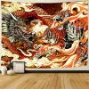 Japanese Tapestry White Cool Wolf Mount Fuji Red Sun Tapestries Ukiyo-e Waves Clouds Bamboo Crane Asian Style Art Wall Blankets