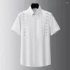 Camisas casuais masculinas Minglu algodão rebite de luxo de luxo curto cor sólida verão slim fit Party White Black MacH Vestio