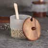Bottiglie di stoccaggio in stile giapponese trasparente barattolo di zucchero di vetro barattolo in legno cucchiaio vassoio stagione per la casa cucina forniture in legno sale