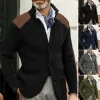 Spliced Sleeve Cardigan Sweater Men's Single-breasted Lapel Knitted Cardigan Sweater Coat with Patchwork Color for Winter