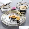 Dishes Plates Luxury Gold Inlay Glass Dinner Plate Salad Bowl Serving Cake Snack Dish Dessert 230826 Drop Delivery Home Garden Kit Dhqza