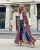 Boho -Stil Kimono mit Gürtel Sommer Böhmian Blumen lange Strickjacken Frauen bedrucktes Strand Urlaub Top Vintage Shirt