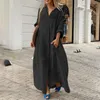 Vestidos casuais vestido de manga longa elegante maxi com bolsos de pescoço em v para mulheres, curvoso de verão respirável e respirável