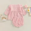 024m Toddler Baby Girl Clothes Set Couleur Couleur Soule Couper Round Coule à manches longues Tops et shorts à volants décontractés élastiques 240327