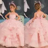 Cute pink Flower Girls Dresses sheer jewel neck butterflies girl Pageant Gowns Kids First Communion Dress tiered skirt ruched Kids Formal Wear