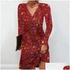 Basic Casual Dresses Shimmering Mini Dress Sequin V Neck Party Club For Women Shiny A-Line Solid Color Soft Breathable Plover Elastic Dh0Pr