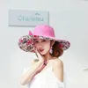 Summer Womens Super Big Brim Sun Hat Fashion Printing UV Protection Wind Rope Fixed Beach Hat Foldable240409