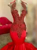 2024 Luxe Red Mermaid Prom Pageant-jurk Sheer O-Neck kralen Crystal Satin Birthday Feestjurken Robe de Soiree Vestidos de Gala