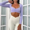 Nuove camicie da yoga a maniche lunghe per donne allenamento per palestra Crop Top Top Esercizio imbottito da yoga Top Stripch Bust Gym Active abbigliamento