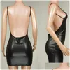 Basis Casual jurken y Faux lederen jurk Backless Club Party Short Solid Black Look Latex bodycon Push Up Bra Mini Micro Drop del Dhyde