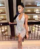 Silver Diamond Mini Cocktail Evening Dresses For Black Girl 2024 Sparkly Crystal Sheer Mesh Birthday Gala Party Gown Prom