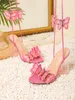 Sandaler 2024 Summer Fashion Embroidered Bow Ankle Strap Women's Thick Heel High Pink Party Wedding Banket Shoes